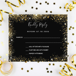 Schwarzes Gold Glitzern Hochzeit RSVP Flyer
