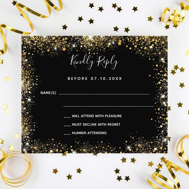 Schwarzes Gold Glitzern Hochzeit RSVP Flyer (Von Creator hochgeladen)