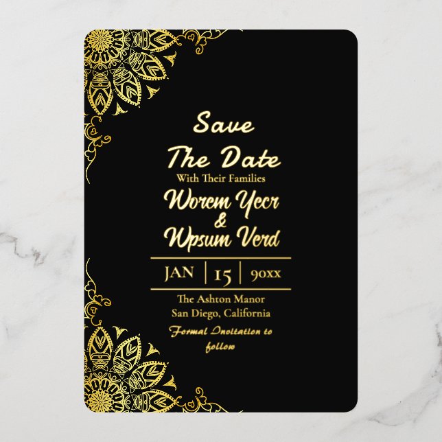 Schwarzes Gold Halloween Hochzeit Save the Date Folieneinladung (Vorderseite)