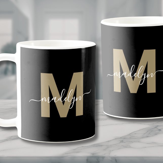 Schwarzes Gold Initialen Monogramm Kaffeetasse (Rose Gold Glitter Sparkle Monogram Coffee Mug)