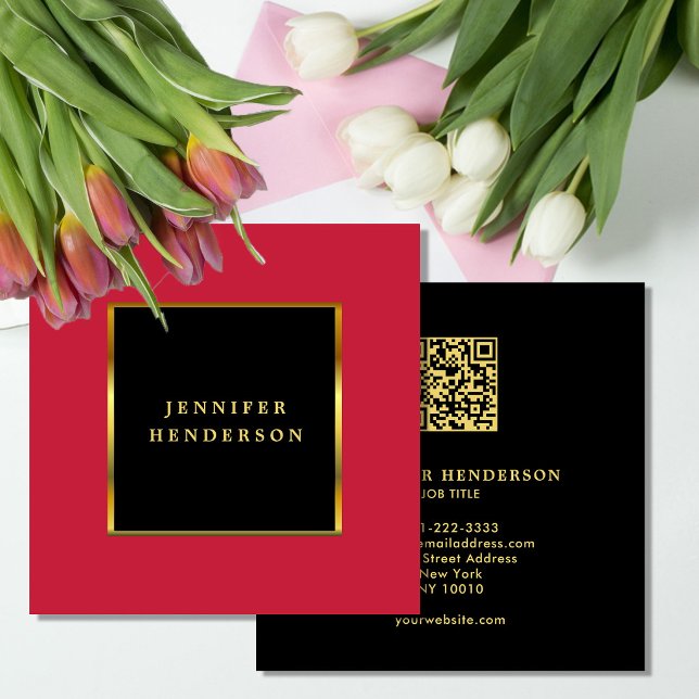 Schwarzes Gold Kardinalrot QR-Code professionell Quadratische Visitenkarte (Modern elegant black gold,  cardinal red QR code professional Square Business Card. )