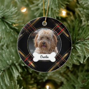 Schwarzes Gold Kariertes Puppy-Hund-Foto Keramik Ornament