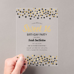 Schwarzes Gold-Konfetti-Glitter Sweet 16 Acryleinladungen