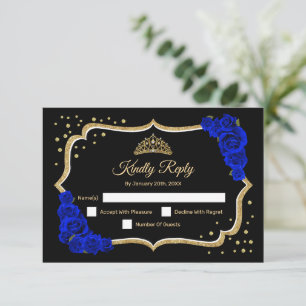 Schwarzes Gold Königliches Blau Quinceanera RSVP Karte