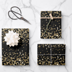 Schwarzes Gold Leopard Gepard Druck Glitter Glam Geschenkpapier Set
