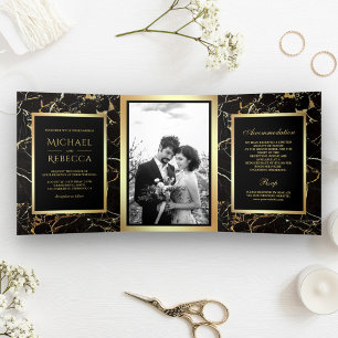 Schwarzes Gold Marmor Imitate Gold Foil Foto Hochz Dreifach Gefaltete Einladung