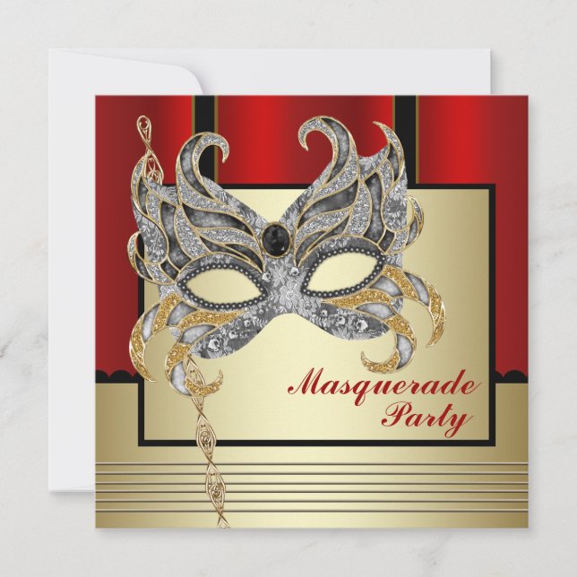Schwarzes Gold Maske Rotes Schwarzes Party Einladung (Vorderseite)
