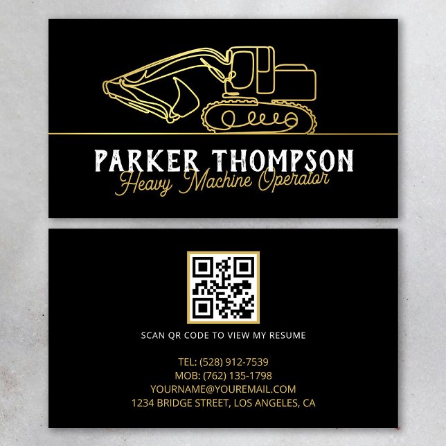 Schwarzes Gold Moderner QR-Code für Schwermaschine Visitenkarte (Von Creator hochgeladen)