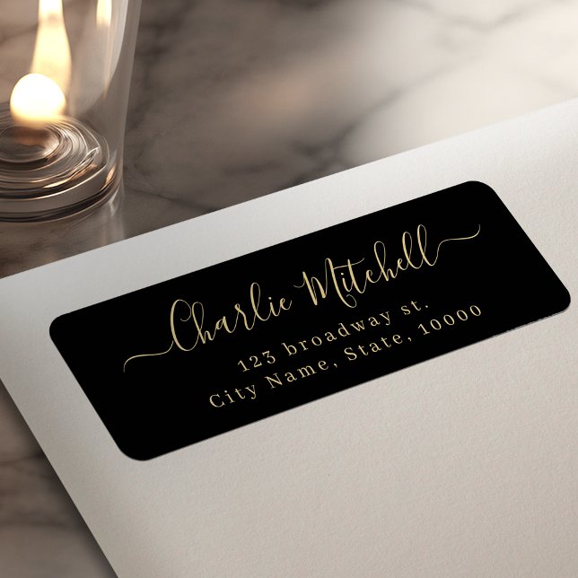 Schwarzes Gold Modernes elegantes Skript Rücksende (Black Gold Modern elegant script return address Label)