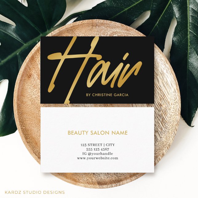 Schwarzes Gold Modernes Hair Stylist Visitenkarte (Image shows the front and back of this Gold and Black Hair business card size 3.5 x 2 inches.)
