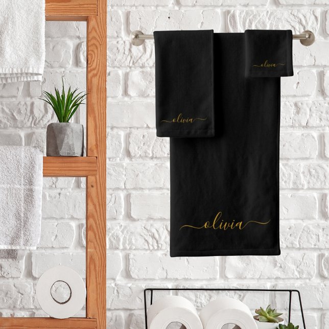 Schwarzes Gold Modernes Skript Mädchen Monogramm N Badhandtuch Set (Von Creator hochgeladen)