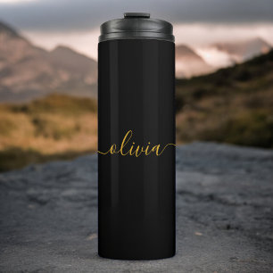 Schwarzes Gold Modernes Skript Mädchen Monogramm N Thermosbecher