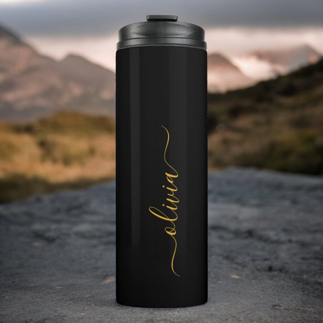 Schwarzes Gold Modernes Skript Mädchen Monogramm N Thermosbecher (Von Creator hochgeladen)