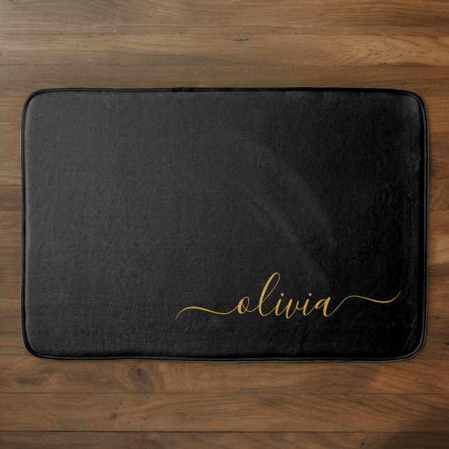 Schwarzes Gold Modernes Skript Monogramm Name Badematte (Von Creator hochgeladen)