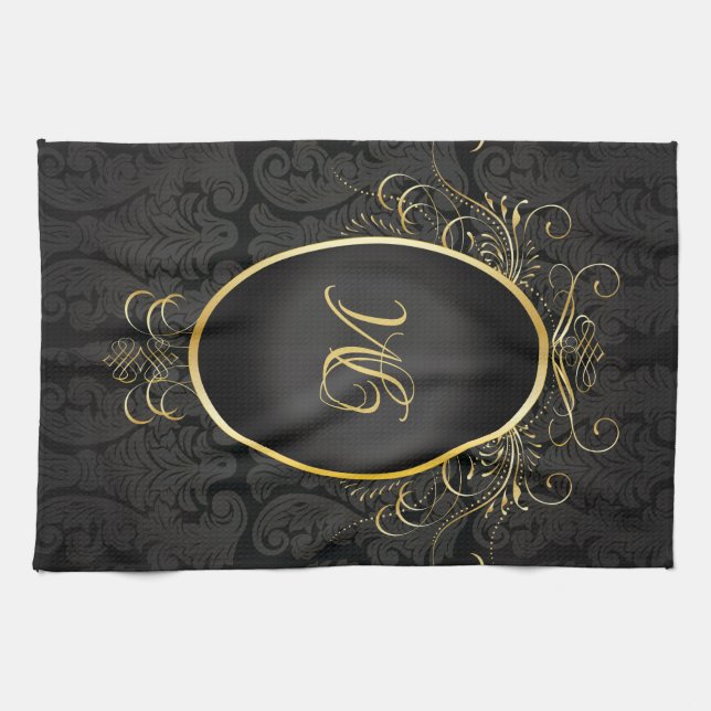 Schwarzes Gold Monogram Classic Royal Style Handtu Geschirrtuch (Horizontal)