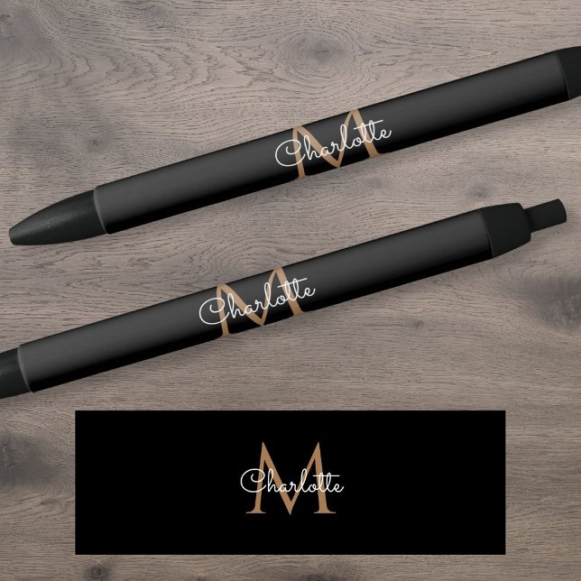 Schwarzes Gold Monogram Elegant Stilvolles Skript Kugelschreiber (Black Gold Monogram Elegant Girly Script Pen)