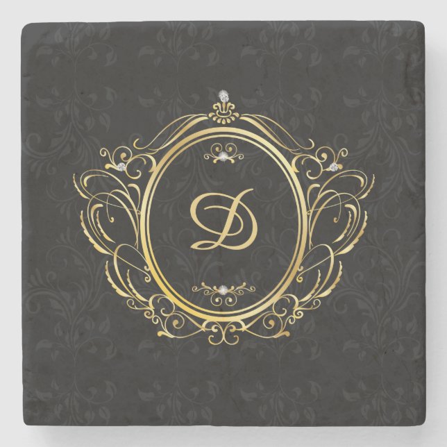 Schwarzes Gold Monogram Klassisches Design Steinuntersetzer (Vorderseite)