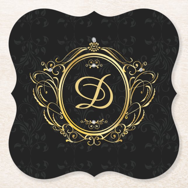 Schwarzes Gold Monogramm Damast Untersetzer (Vorderseite)