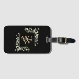 Schwarzes Gold-Monogramm Grün Floral Gepäckanhänger