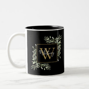 Schwarzes Gold Monogramm Grünpflanzen Zweifarbige Tasse