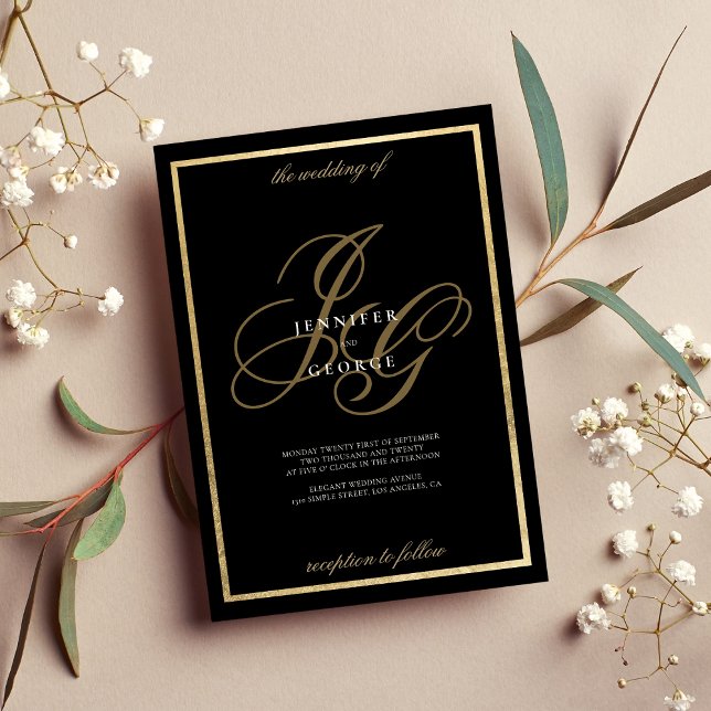 Schwarzes Gold Monogramm Initialen romantische Hoc Einladung (Black gold monogram initials romantic wedding invitation)