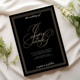 Schwarzes Gold Monogramm Initialen romantische Hoc Einladung