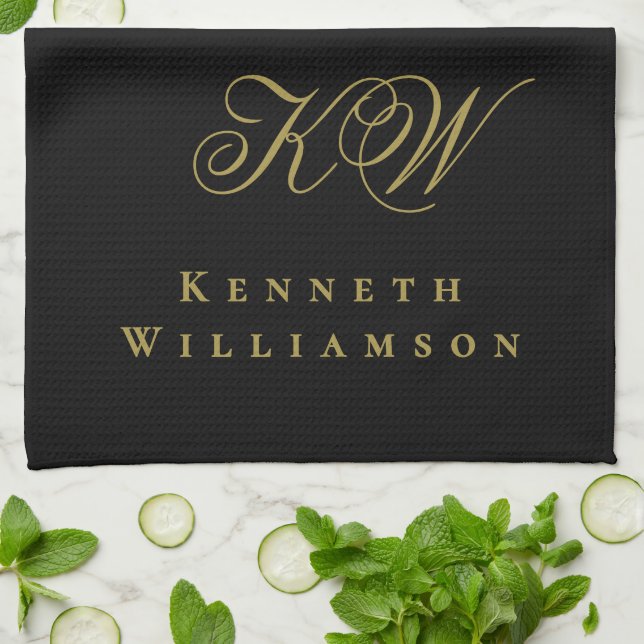 Schwarzes Gold-Monogramm-Name Minimalistisch Elega Geschirrtuch (Gefaltet)