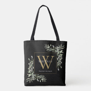 Schwarzes Gold-Monogramm Watercolor Greenery Blätt