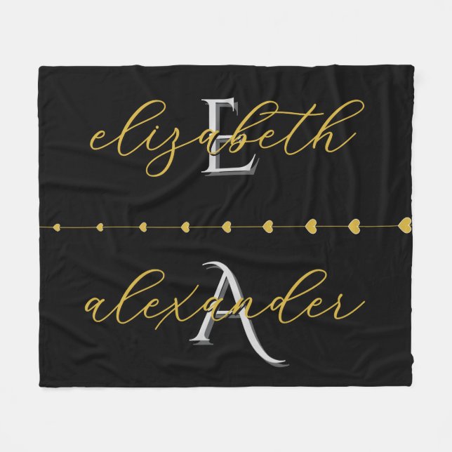 Schwarzes Gold-Paar-Initialen Personalisierte Name Fleecedecke (Vorderseite (Horizontal))
