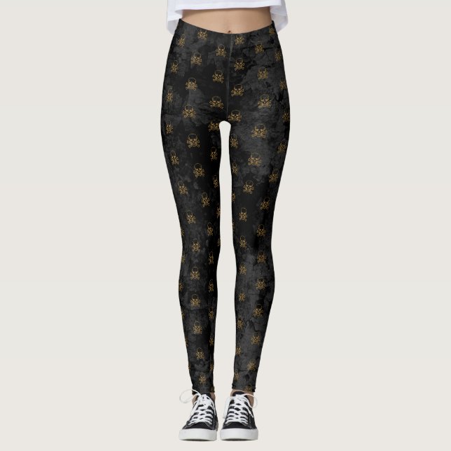 Schwarzes Gold Pirate Skull and Bones Pattern Leggings (Vorderseite)