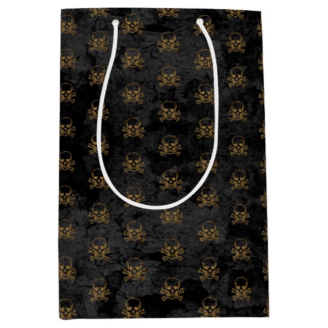 Schwarzes Gold Pirate Skull and Bones Pattern Mittlere Geschenktüte (Vorderseite)