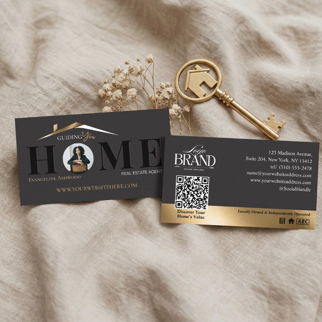 Schwarzes Gold Professioneller Immobilienmakler fü Visitenkarte (Black Gold Professional Home Real Estate Agent QR Business Card)