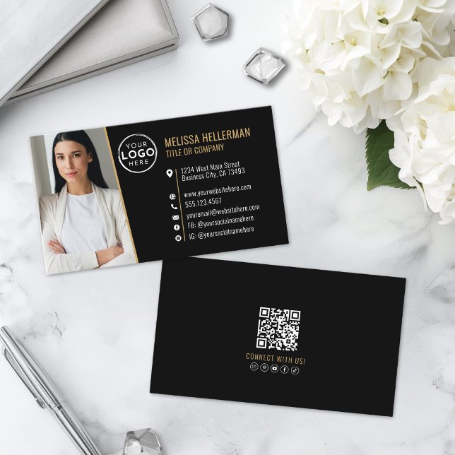 Schwarzes Gold Professioneller QR-Code Foto-Logo Visitenkarte (Black Gold Professional QR Code Photo Logo Business Card)
