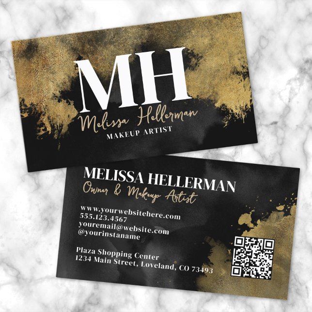 Schwarzes Gold QR-Code-Monogramm Visitenkarte (Black Gold QR Code Monogram Business Card)
