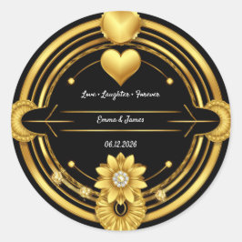 🌟 Schwarzes Gold Romantisches Hochzeitswappen 💛 Runder Aufkleber
