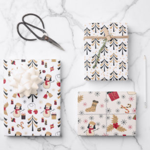 Schwarzes Gold rotes Schneemänner Weihnachtsbäume Geschenkpapier Set