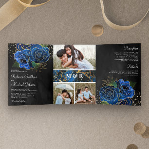Schwarzes Gold Royal Blau Florales Foto Collage Ho Dreifach Gefaltete Einladung