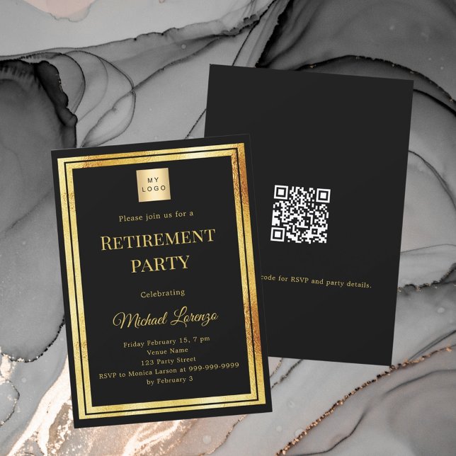Schwarzes Gold-Ruhestandsfeier-QR-Code-Geschäftslo Einladung (Von Creator hochgeladen)