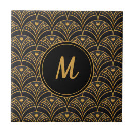 Schwarzes Gold Scallop Muster Art Deco Monogramm Fliese