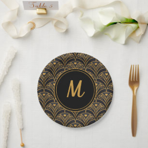Schwarzes Gold Scallop Muster Art Deco Monogramm Pappteller