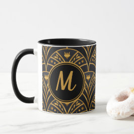 Schwarzes Gold Scallop Muster Art Deco Monogramm Tasse