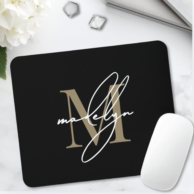 Schwarzes Gold-Schriftzug-Initialen-Monogramm Mousepad (Black Gold Script Name Initial Monogram Mouse Pad )