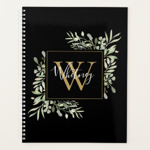 Schwarzes Gold Script Monogram Greenery Floral Planer