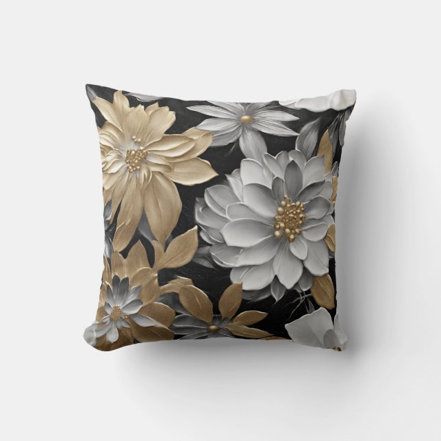 Schwarzes Gold Silver Floral Throw Kissen (Vorderseite)