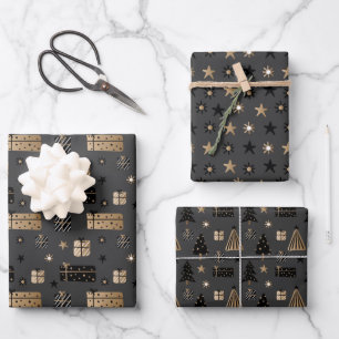 Schwarzes Gold skandinavische Weihnachten auf schw Geschenkpapier Set