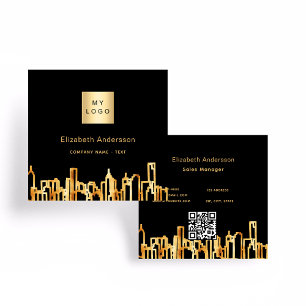 Schwarzes Gold Stadt Skyline moderne qcode Logo Quadratische Visitenkarte