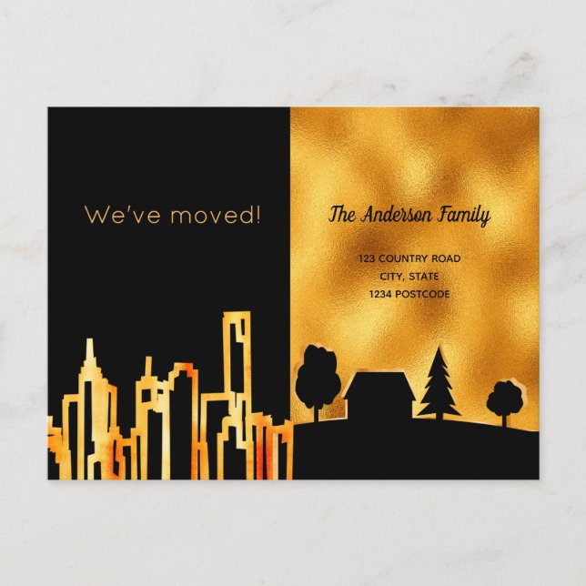 Schwarzes Gold Stadt wir umgezogen Ankündigungspostkarte (Vorderseite)