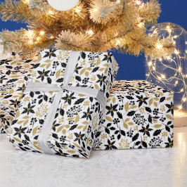 Schwarzes Gold Stechpalmen-Weihnachtsfeiertag Geschenkpapier