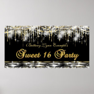 Schwarzes Gold Süße 16 Geburtstagsfeier Banner Poster