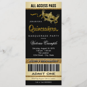 Schwarzes Gold-Ticket Quinceanera-Maskenball-Party Einladung